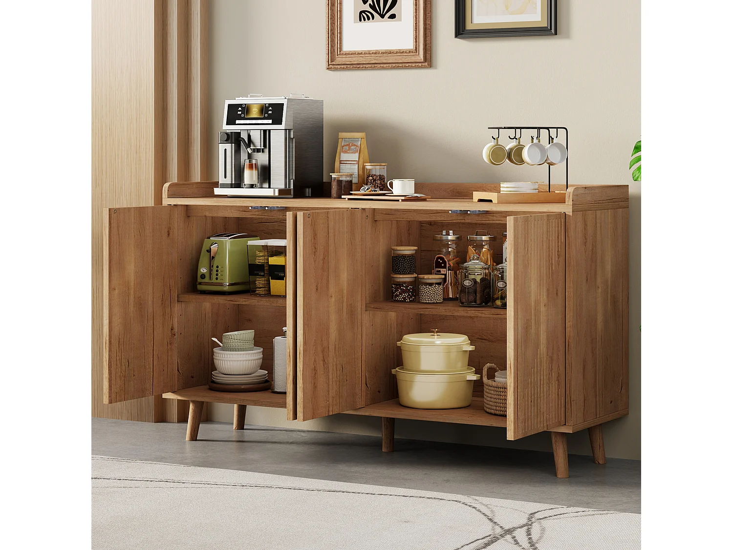 Moderner Buffetschrank 140x40x84cm - mit 4 Türen und verstellbaren Regalen - Natur