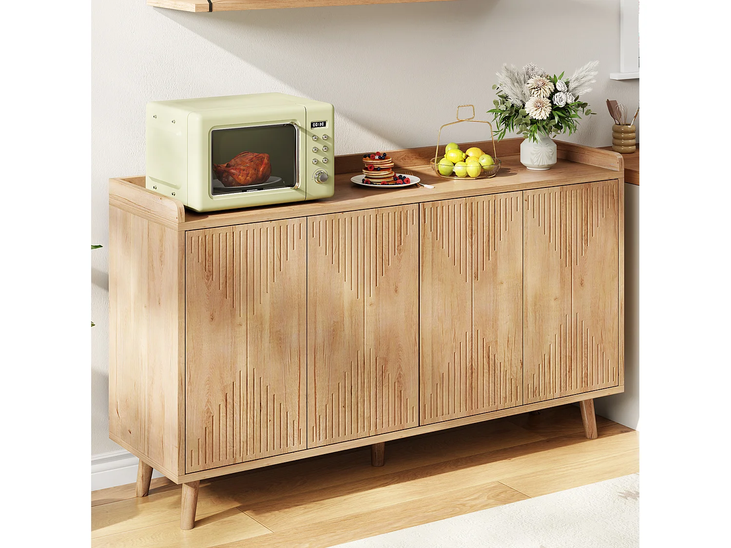 Moderner Buffetschrank 140x40x84cm - mit 4 Türen und verstellbaren Regalen - Natur