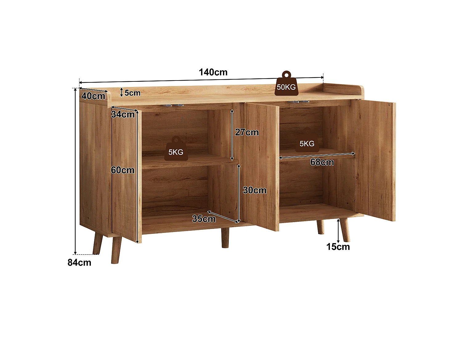Moderner Buffetschrank 140x40x84cm - mit 4 Türen und verstellbaren Regalen - Natur