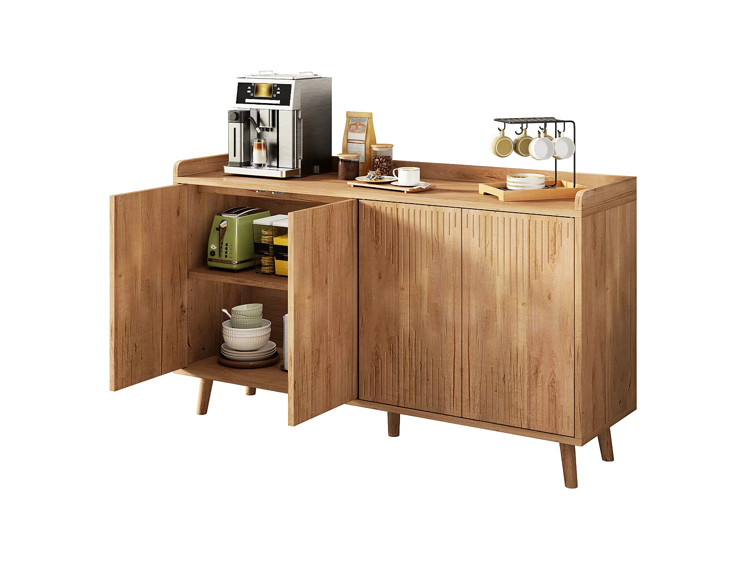 Moderner Buffetschrank 140x40x84cm - mit 4 Türen und verstellbaren Regalen - Natur
