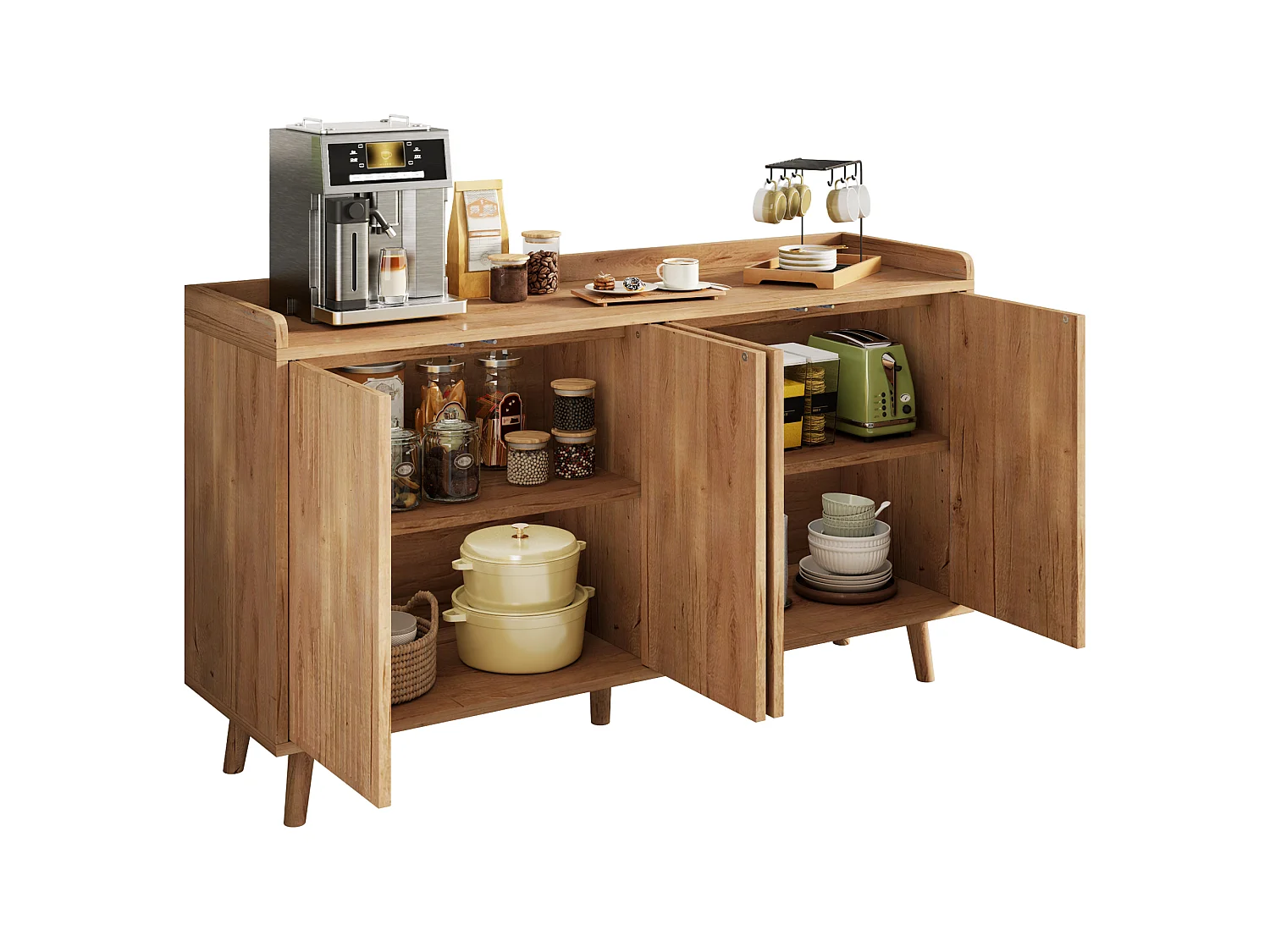 Moderner Buffetschrank 140x40x84cm - mit 4 Türen und verstellbaren Regalen - Natur