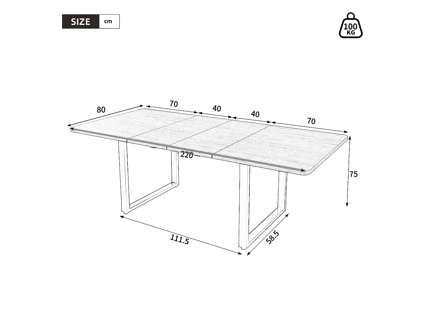 Table à manger extensible 140/180/220x80 cm - idéale pour 6 à 10 personnes - pieds en métal - Style moderne - Naturel
