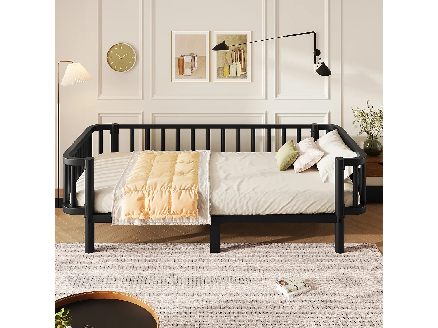 Sofá cama de metal 90 x 200 cm - Estructura robusta de acero - Somier de láminas metálicas - Diseño moderno - Negro (sin colchón)