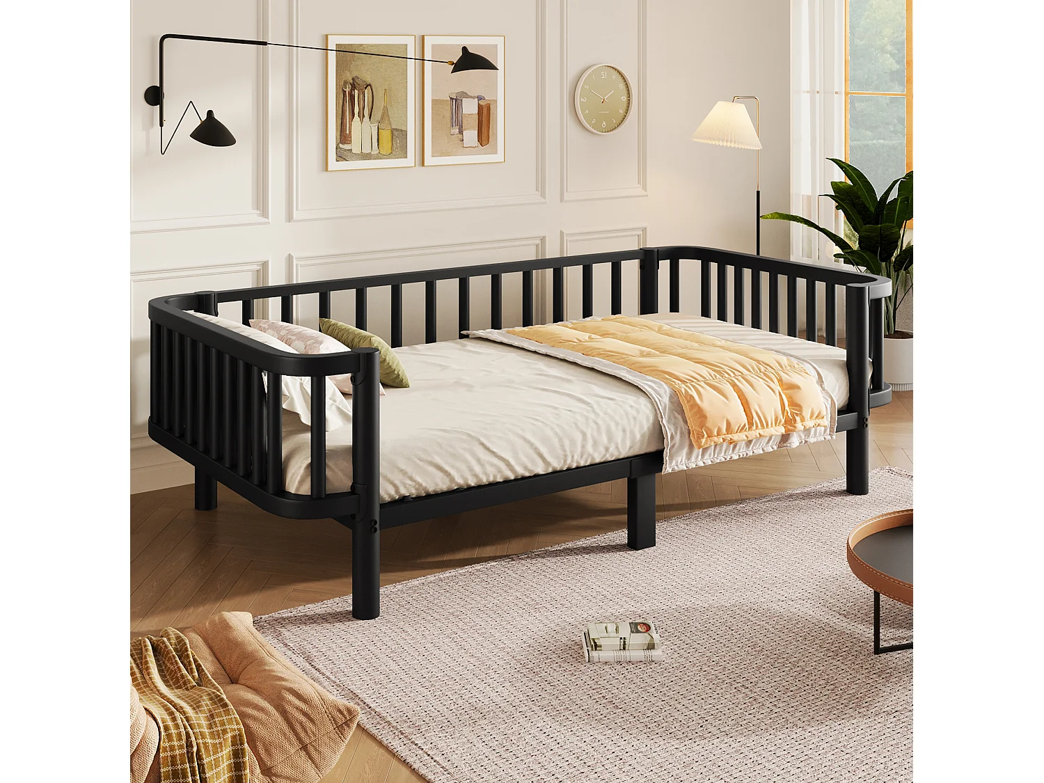 Sofá cama de metal 90 x 200 cm - Estructura robusta de acero - Somier de láminas metálicas - Diseño moderno - Negro (sin colchón)