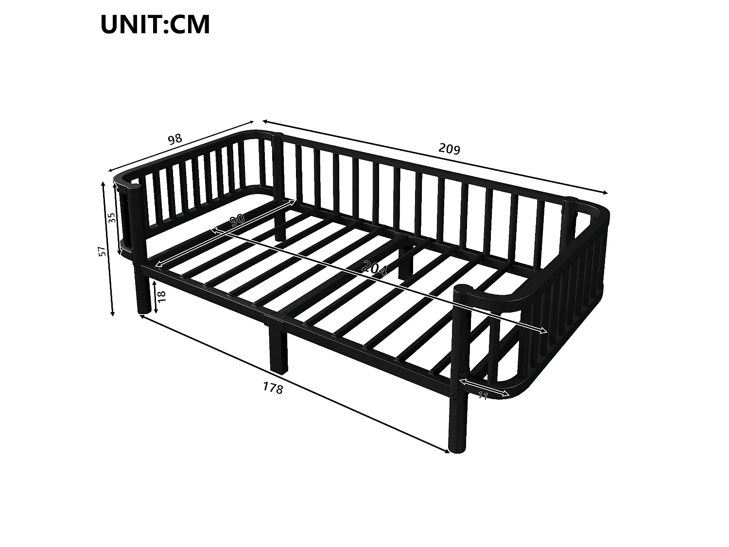 Sofá cama de metal 90 x 200 cm - Estructura robusta de acero - Somier de láminas metálicas - Diseño moderno - Negro (sin colchón)