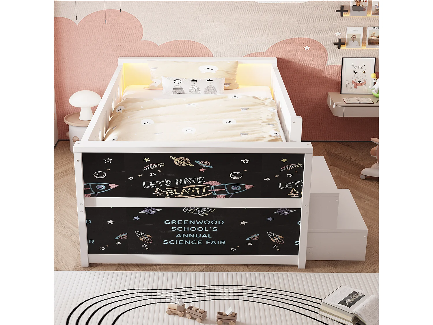 Kids bed 90 x 200 cm - with blackboard - with 4 drawers - with footrest - with LED light - white (mattress not included)