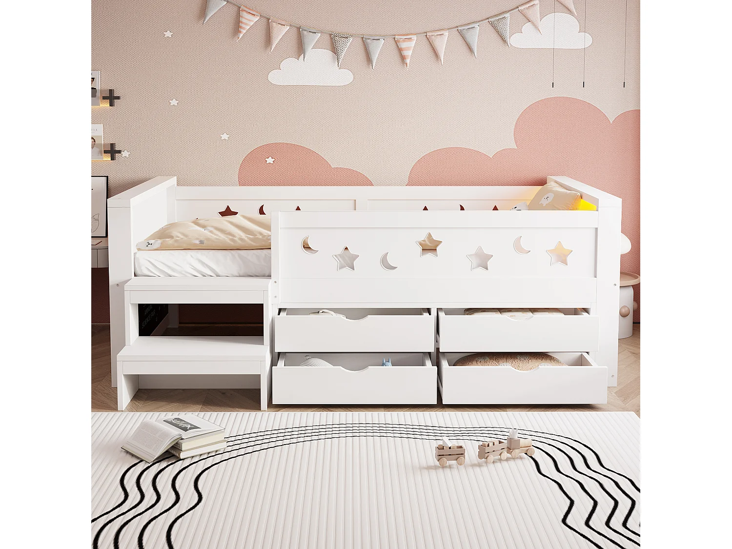 Kids bed 90 x 200 cm - with blackboard - with 4 drawers - with footrest - with LED light - white (mattress not included)