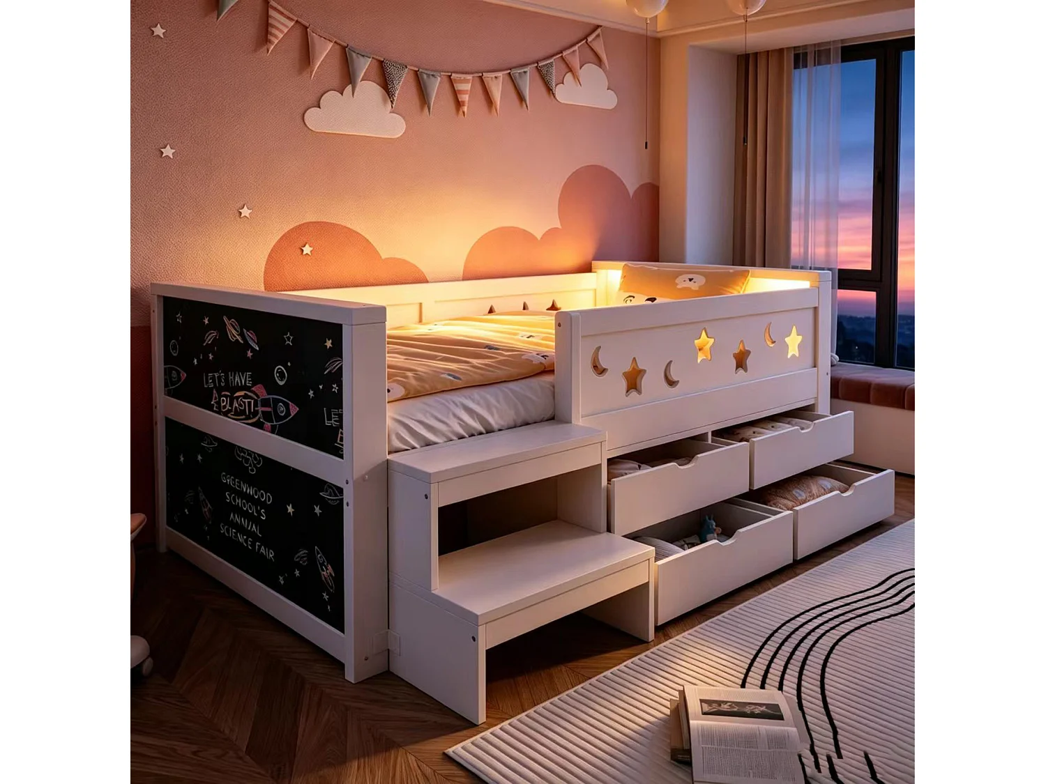 Kids bed 90 x 200 cm - with blackboard - with 4 drawers - with footrest - with LED light - white (mattress not included)
