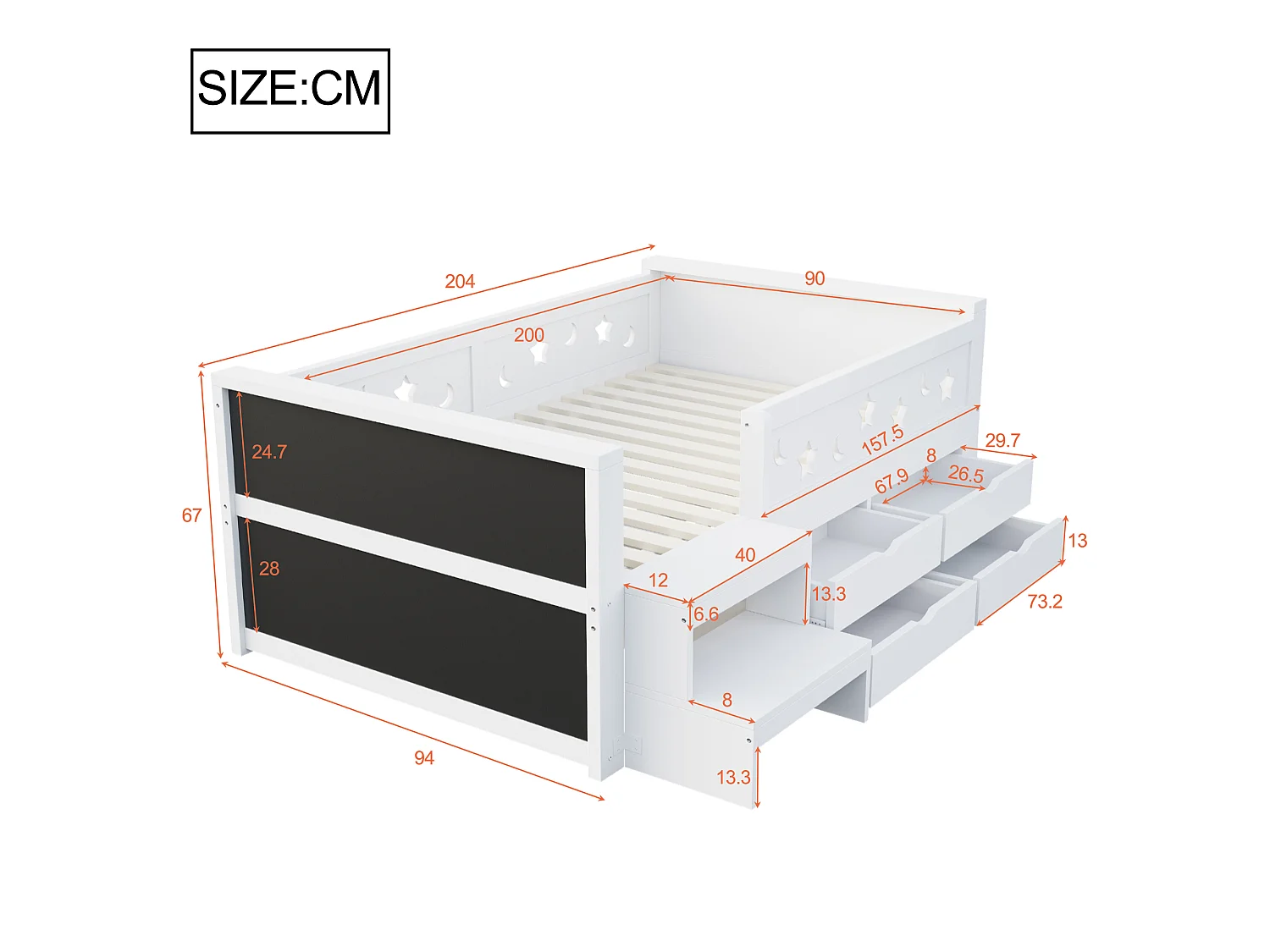 Kids bed 90 x 200 cm - with blackboard - with 4 drawers - with footrest - with LED light - white (mattress not included)