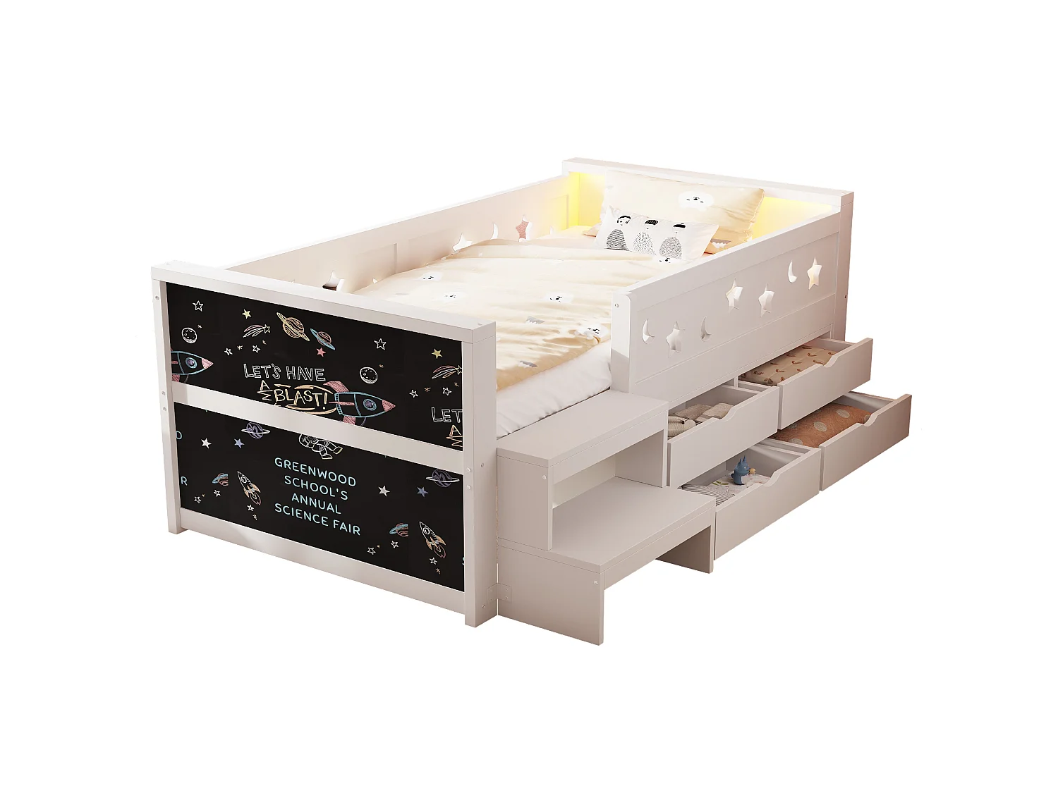 Kids bed 90 x 200 cm - with blackboard - with 4 drawers - with footrest - with LED light - white (mattress not included)
