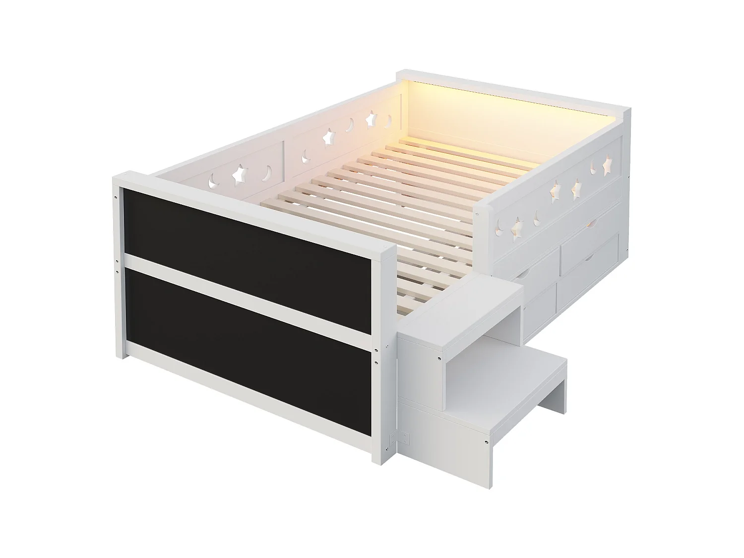 Kids bed 90 x 200 cm - with blackboard - with 4 drawers - with footrest - with LED light - white (mattress not included)