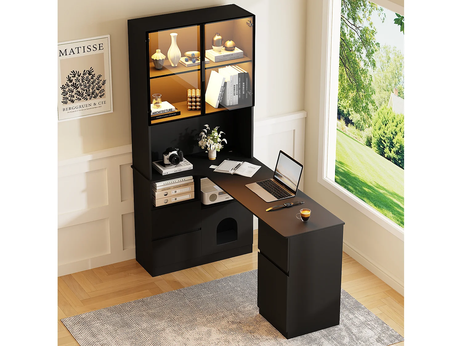 Hoekbureau 120×80×180 cm - Met planken en LED-vitrine - 3 laden, 2 deuren en open planken - MDF - Zwart