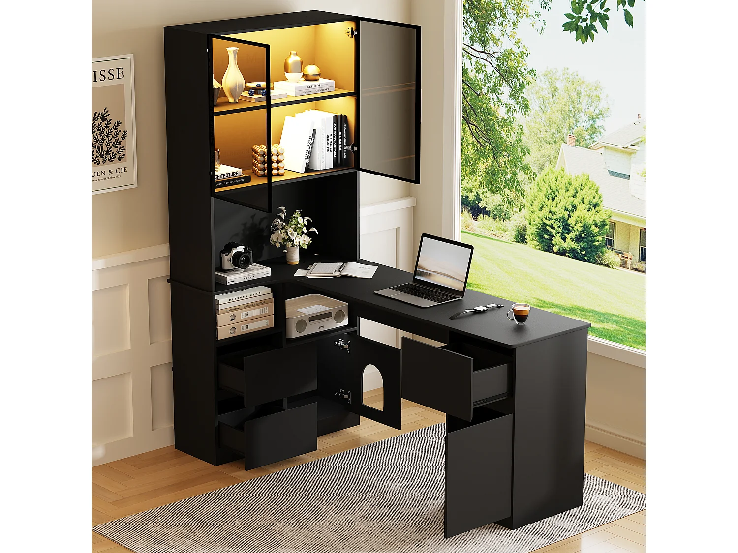Hoekbureau 120×80×180 cm - Met planken en LED-vitrine - 3 laden, 2 deuren en open planken - MDF - Zwart