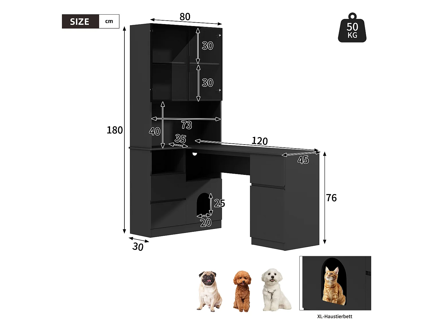Hoekbureau 120×80×180 cm - Met planken en LED-vitrine - 3 laden, 2 deuren en open planken - MDF - Zwart