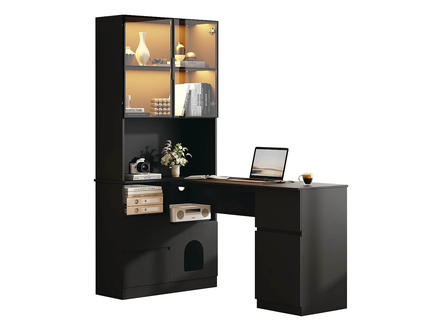 Hoekbureau 120×80×180 cm - Met planken en LED-vitrine - 3 laden, 2 deuren en open planken - MDF - Zwart