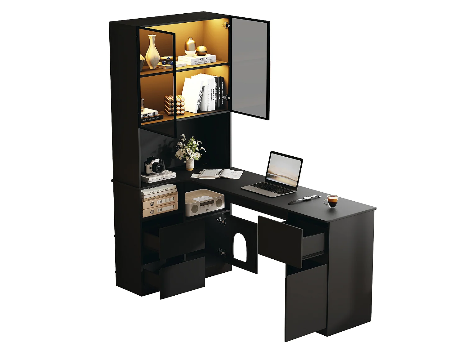 Hoekbureau 120×80×180 cm - Met planken en LED-vitrine - 3 laden, 2 deuren en open planken - MDF - Zwart