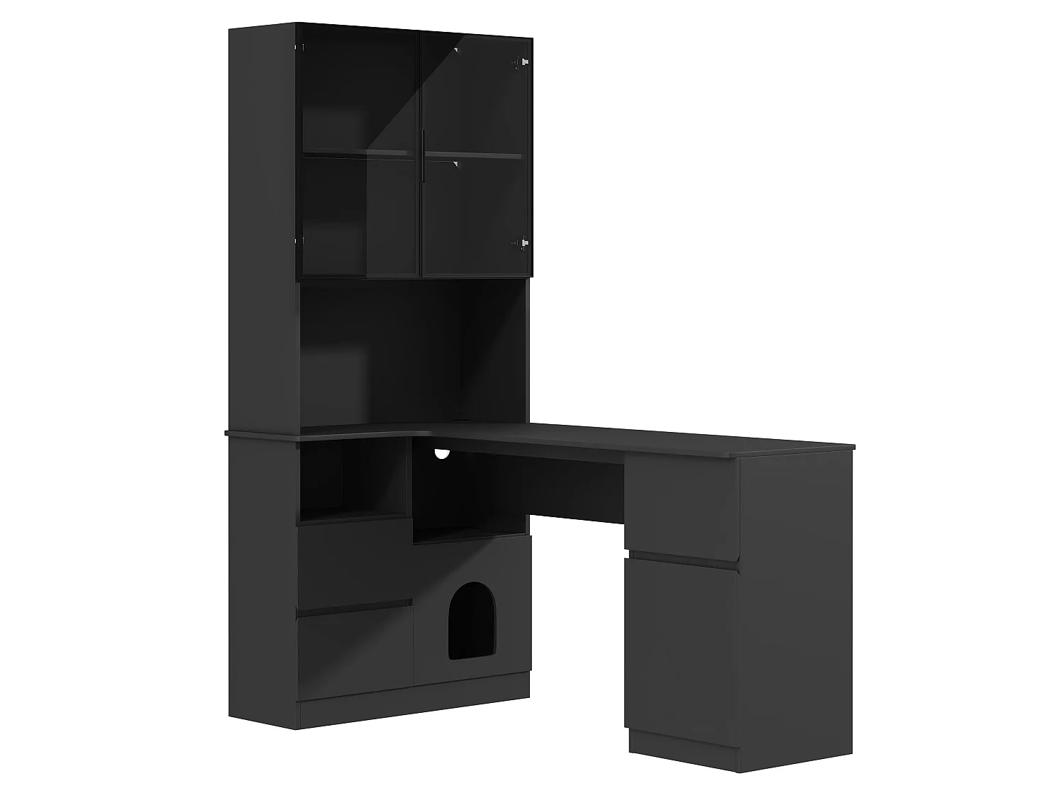 Hoekbureau 120×80×180 cm - Met planken en LED-vitrine - 3 laden, 2 deuren en open planken - MDF - Zwart