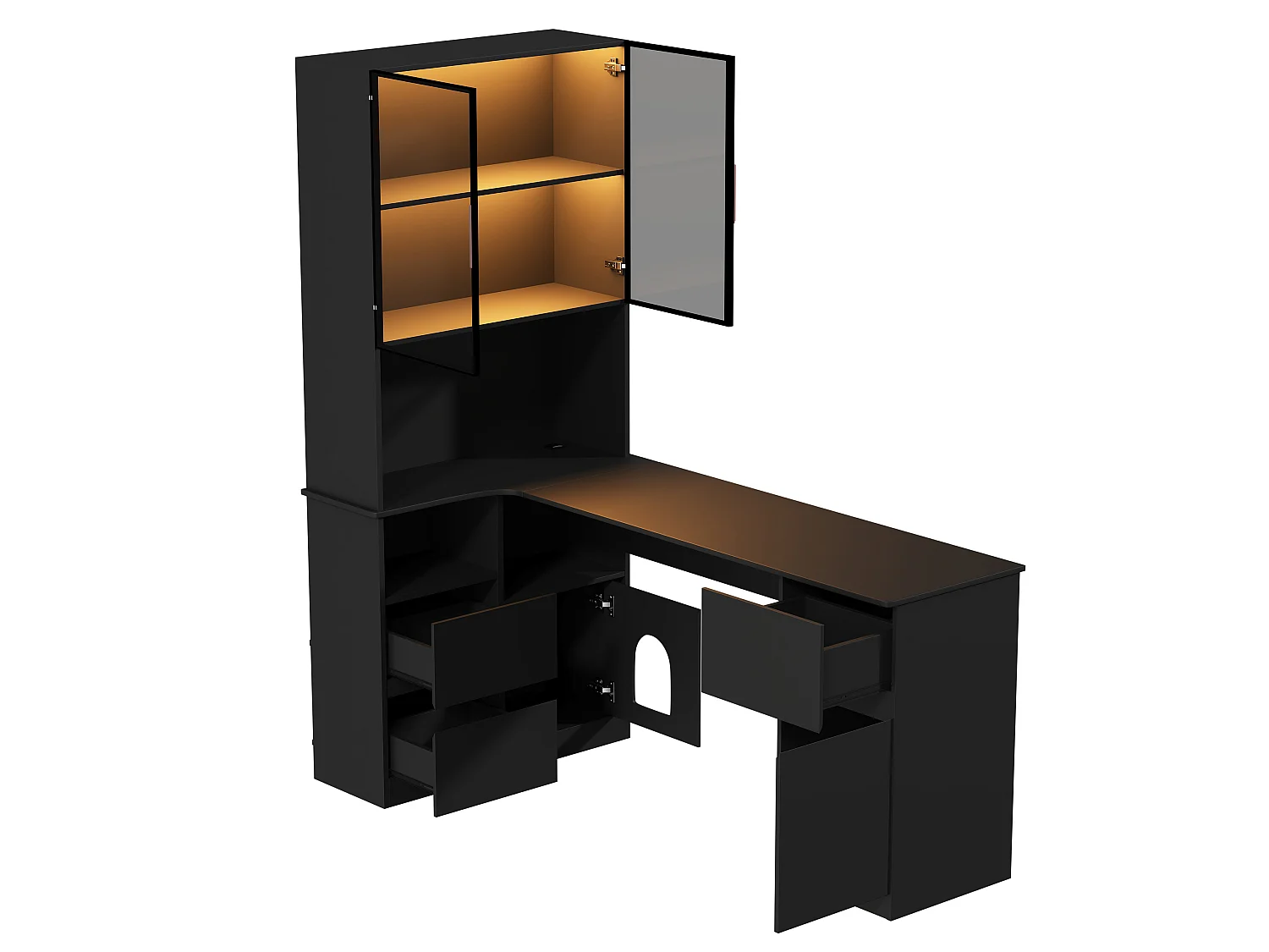 Hoekbureau 120×80×180 cm - Met planken en LED-vitrine - 3 laden, 2 deuren en open planken - MDF - Zwart
