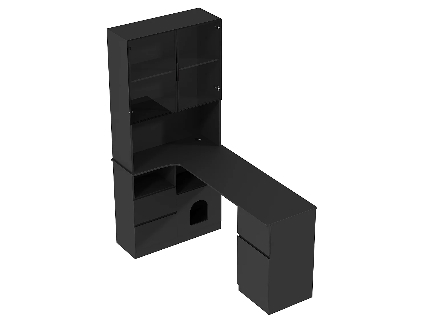 Hoekbureau 120×80×180 cm - Met planken en LED-vitrine - 3 laden, 2 deuren en open planken - MDF - Zwart