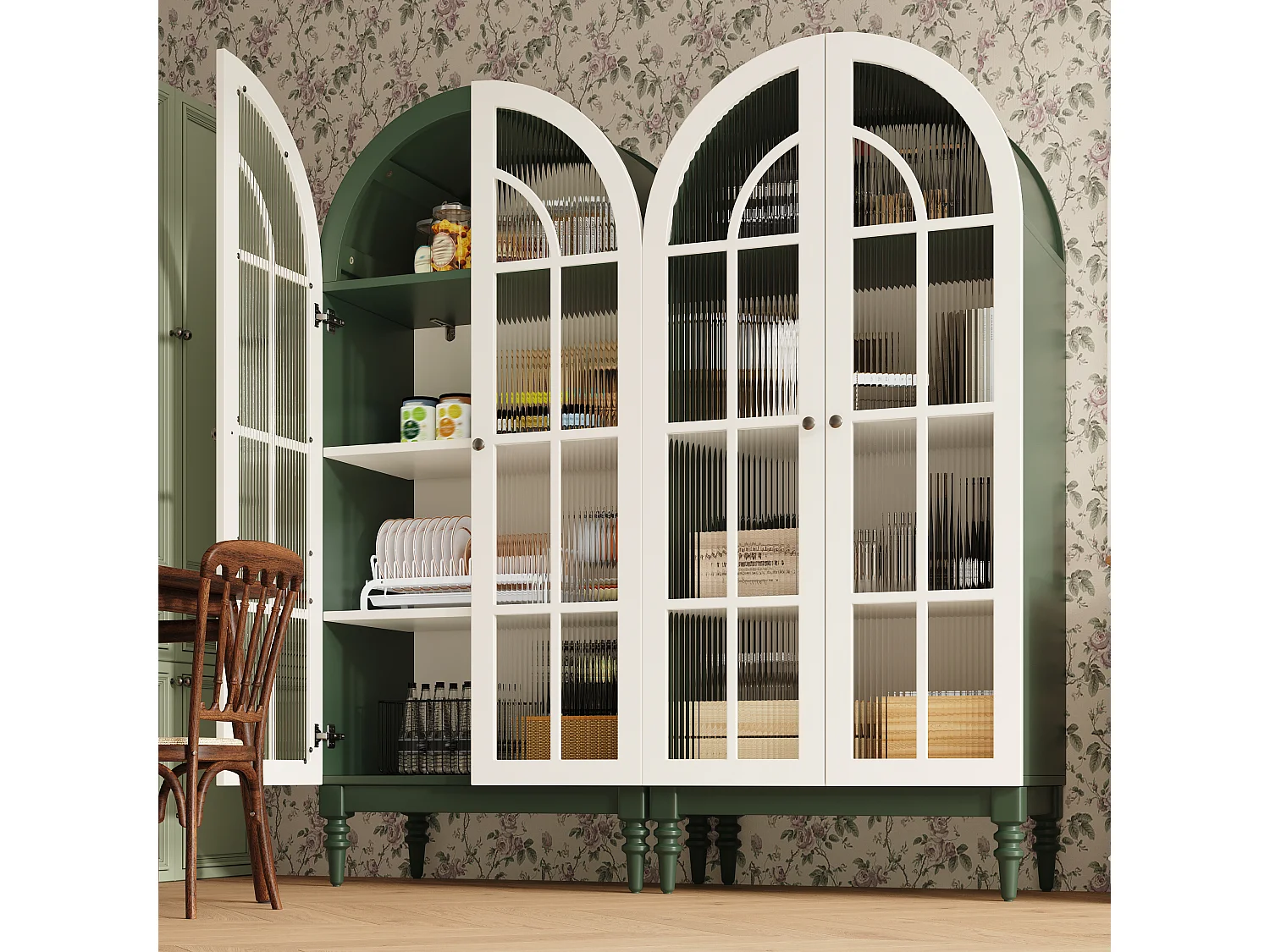 Combinazione di 2 vetrine Alta ad Arco 165cm - Mobile di Contenimento con Ante in Vetro e Gambe in Legno Massello - Design Retro Chic - Verde Scuro