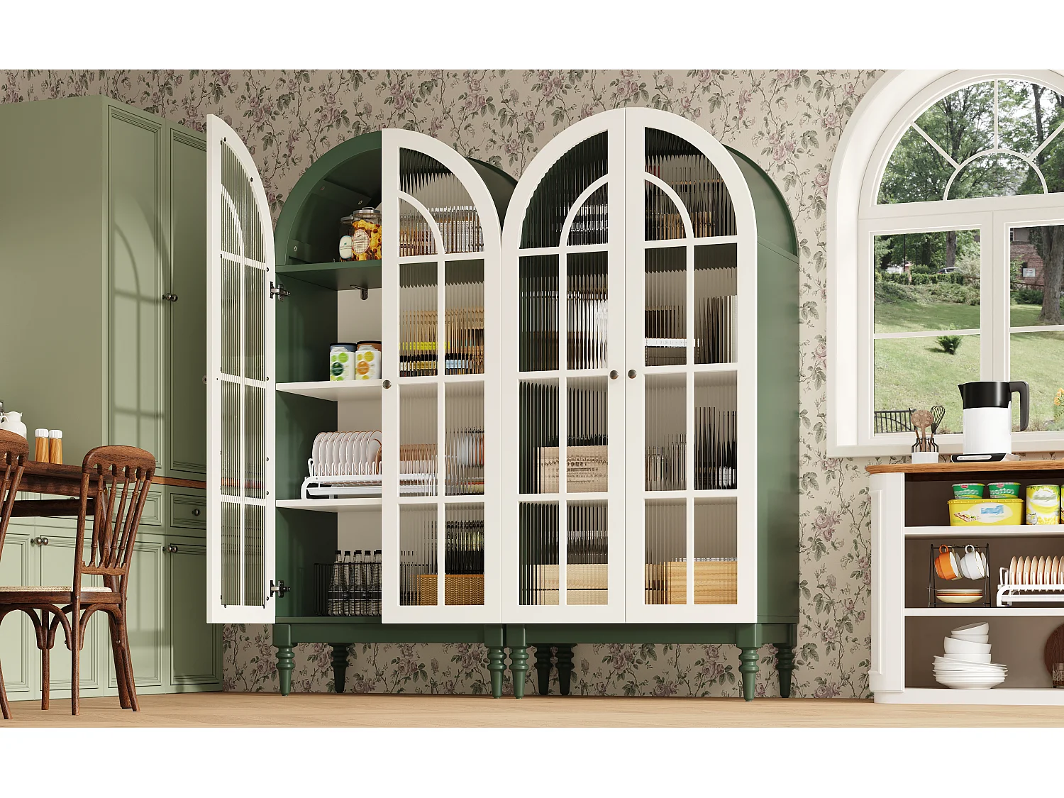 Combinazione di 2 vetrine Alta ad Arco 165cm - Mobile di Contenimento con Ante in Vetro e Gambe in Legno Massello - Design Retro Chic - Verde Scuro