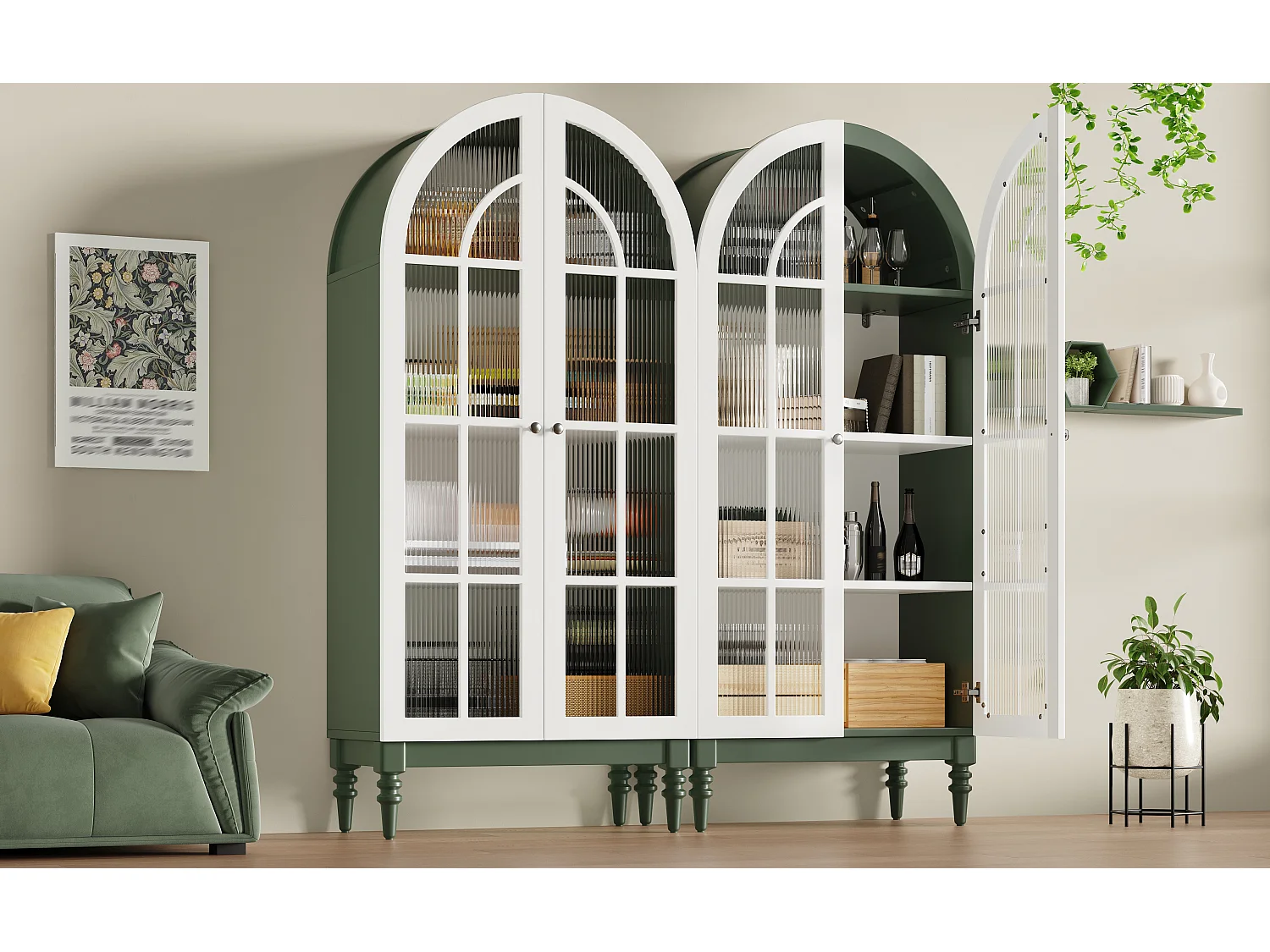 Combinazione di 2 vetrine Alta ad Arco 165cm - Mobile di Contenimento con Ante in Vetro e Gambe in Legno Massello - Design Retro Chic - Verde Scuro