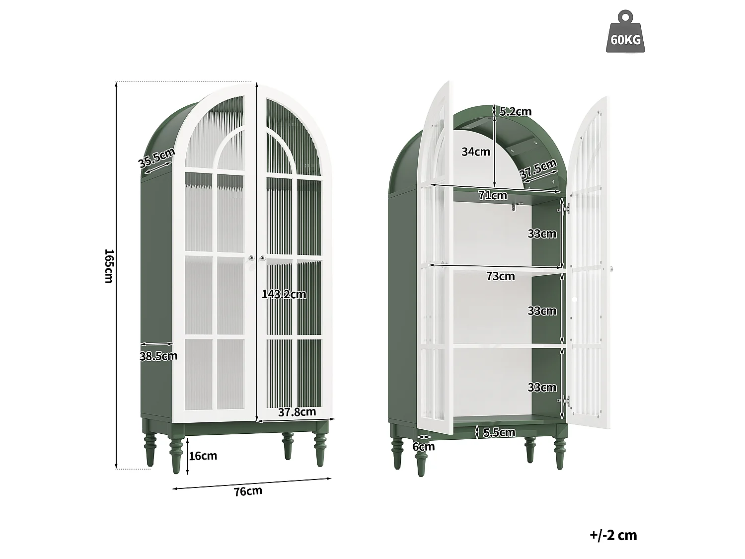 Combinazione di 2 vetrine Alta ad Arco 165cm - Mobile di Contenimento con Ante in Vetro e Gambe in Legno Massello - Design Retro Chic - Verde Scuro