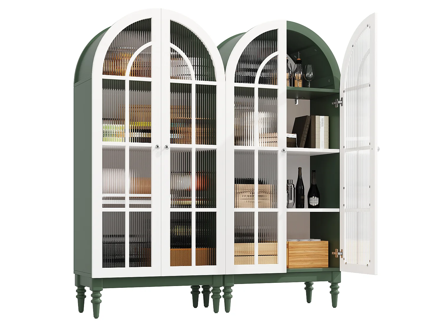 Combinazione di 2 vetrine Alta ad Arco 165cm - Mobile di Contenimento con Ante in Vetro e Gambe in Legno Massello - Design Retro Chic - Verde Scuro