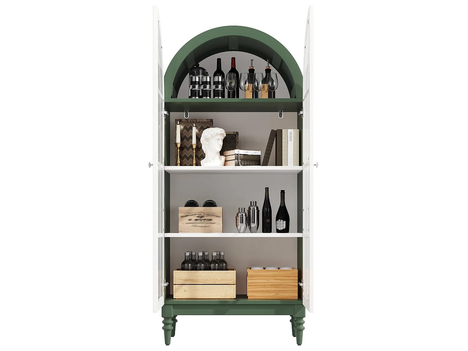 Combinazione di 2 vetrine Alta ad Arco 165cm - Mobile di Contenimento con Ante in Vetro e Gambe in Legno Massello - Design Retro Chic - Verde Scuro