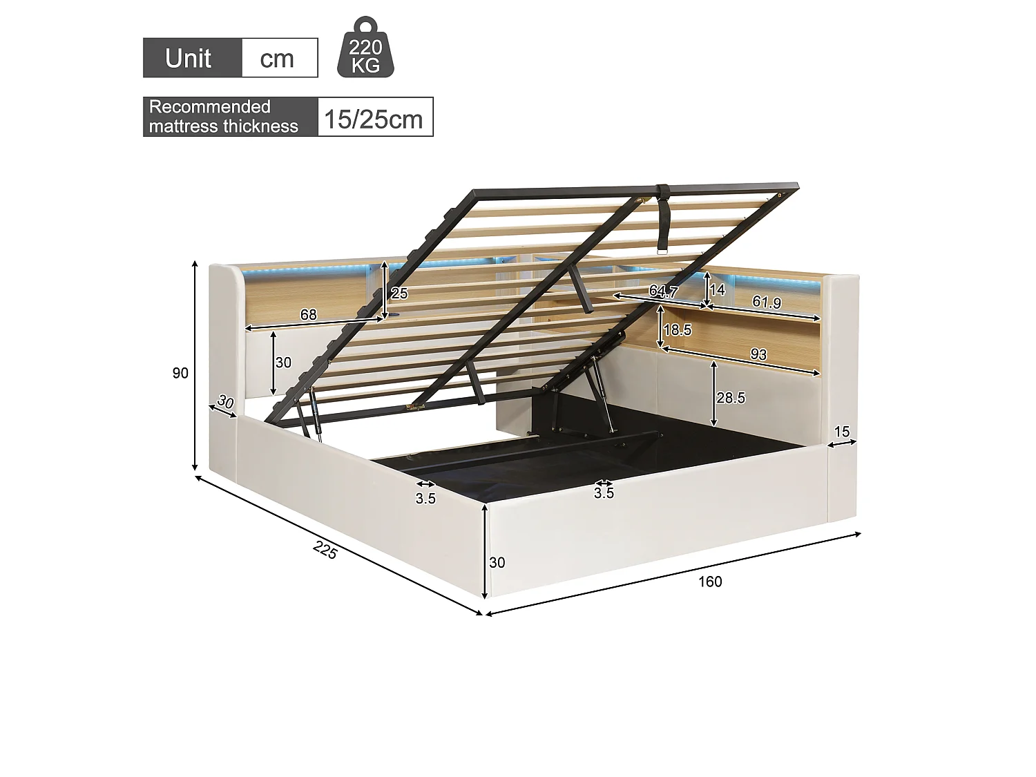 Divano letto contenitore imbottito 140x200 cm - Con LED e porta USB - Con scomparti portaoggetti - Tessuto velluto - Beige (senza materasso)