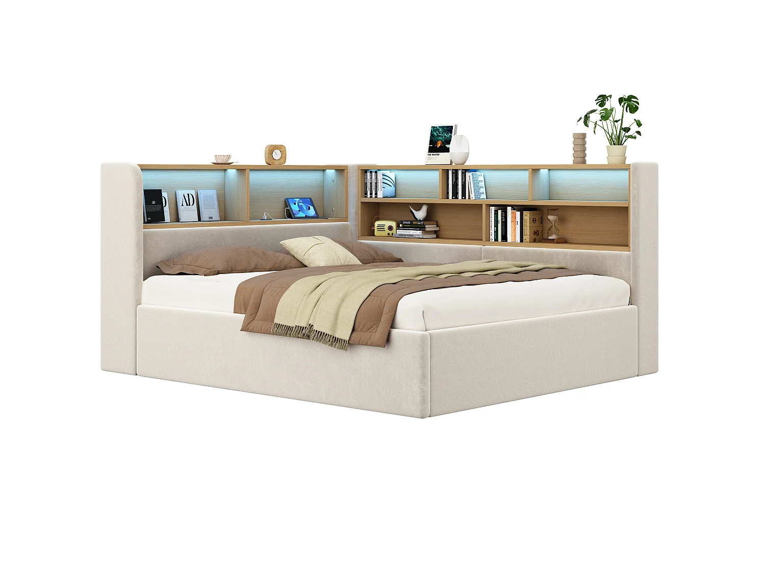 Divano letto contenitore imbottito 140x200 cm - Con LED e porta USB - Con scomparti portaoggetti - Tessuto velluto - Beige (senza materasso)