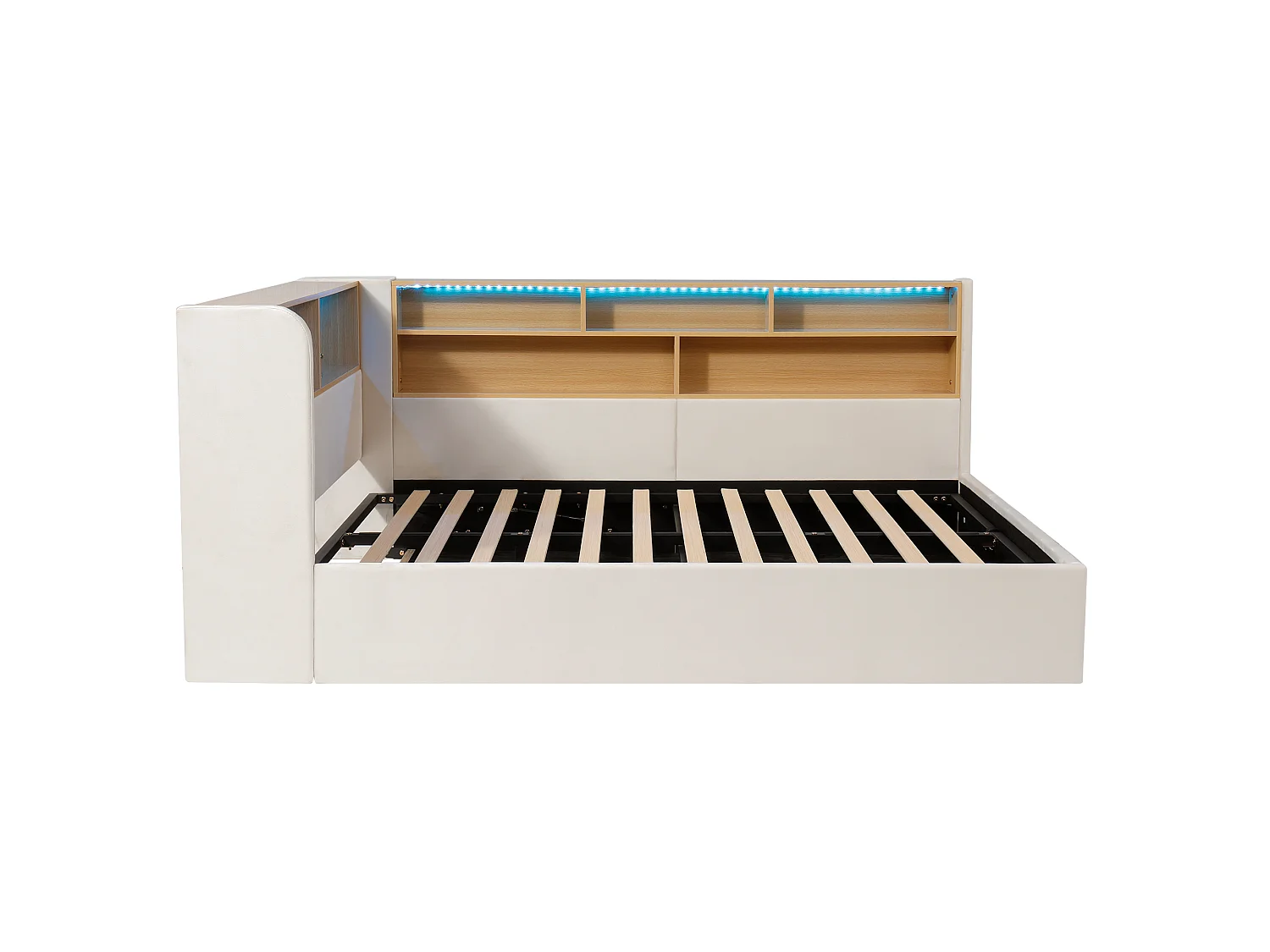 Divano letto contenitore imbottito 140x200 cm - Con LED e porta USB - Con scomparti portaoggetti - Tessuto velluto - Beige (senza materasso)