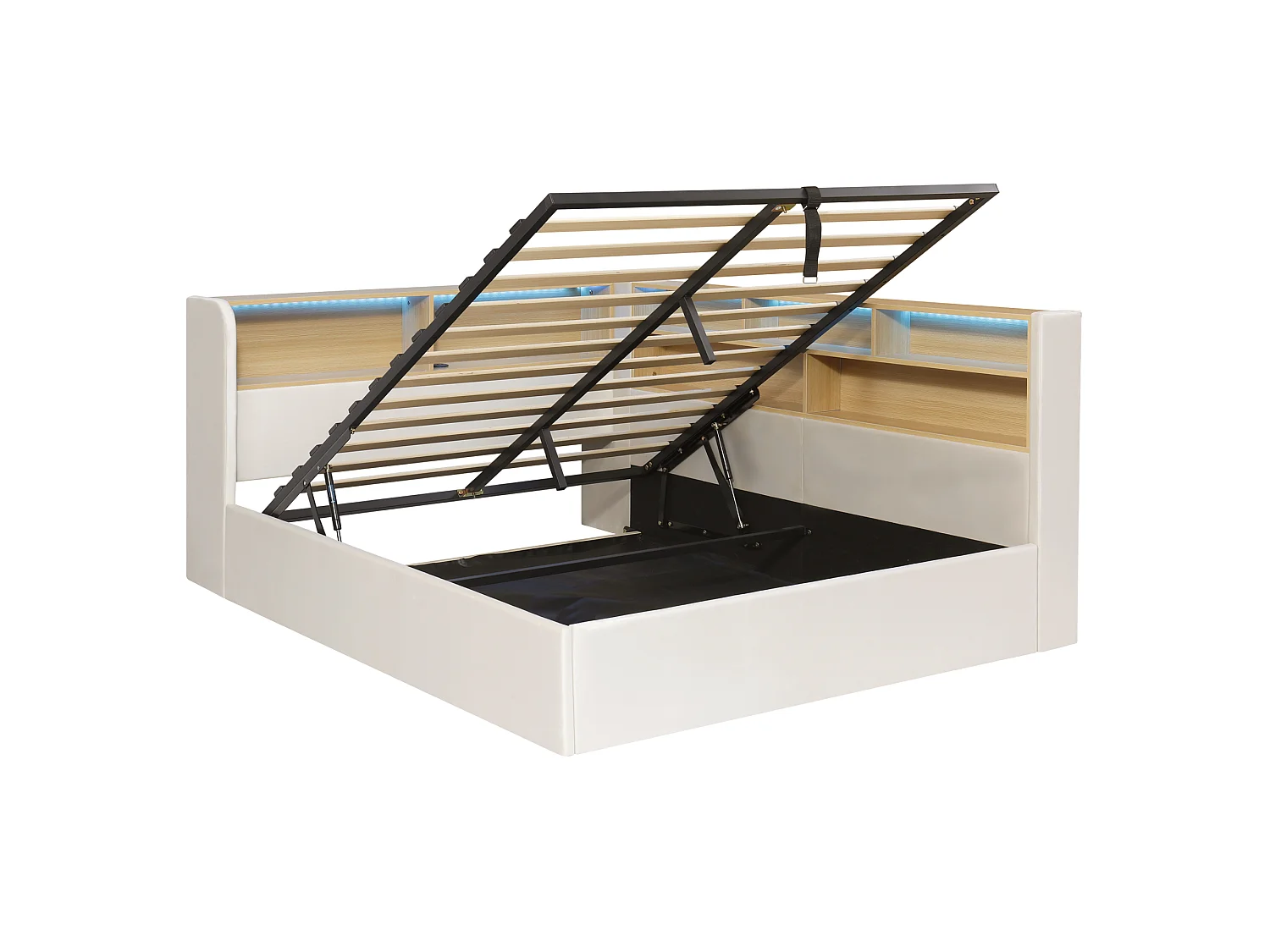 Divano letto contenitore imbottito 140x200 cm - Con LED e porta USB - Con scomparti portaoggetti - Tessuto velluto - Beige (senza materasso)