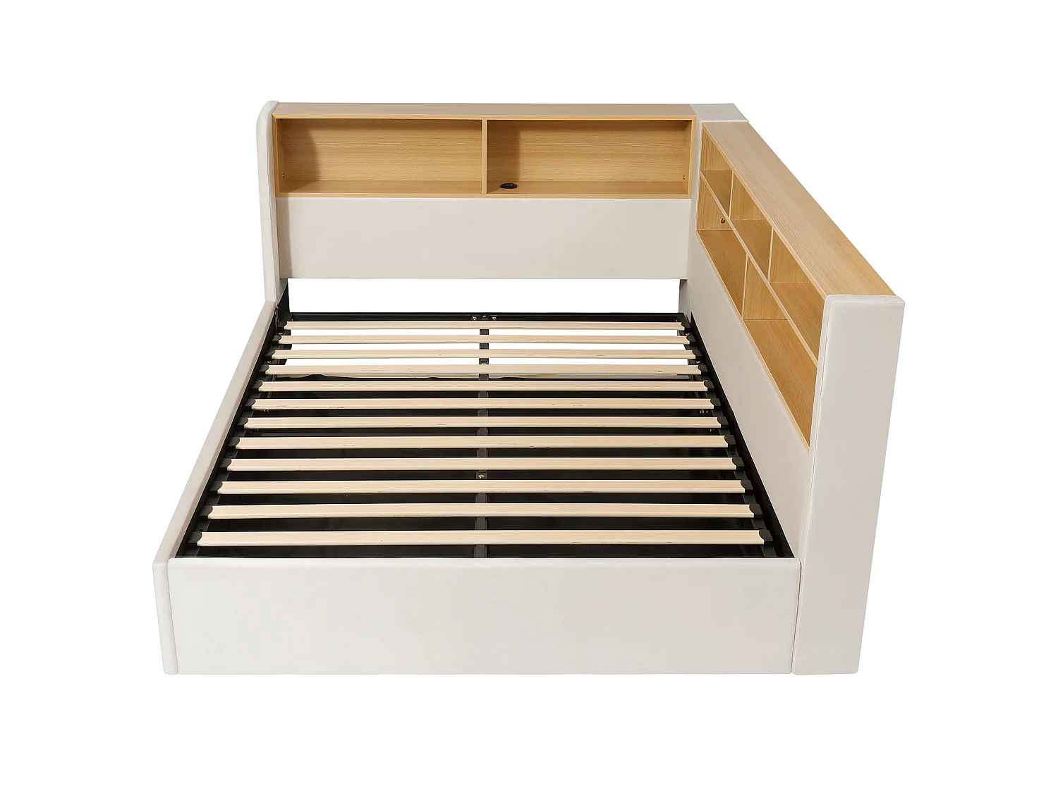 Divano letto contenitore imbottito 140x200 cm - Con LED e porta USB - Con scomparti portaoggetti - Tessuto velluto - Beige (senza materasso)