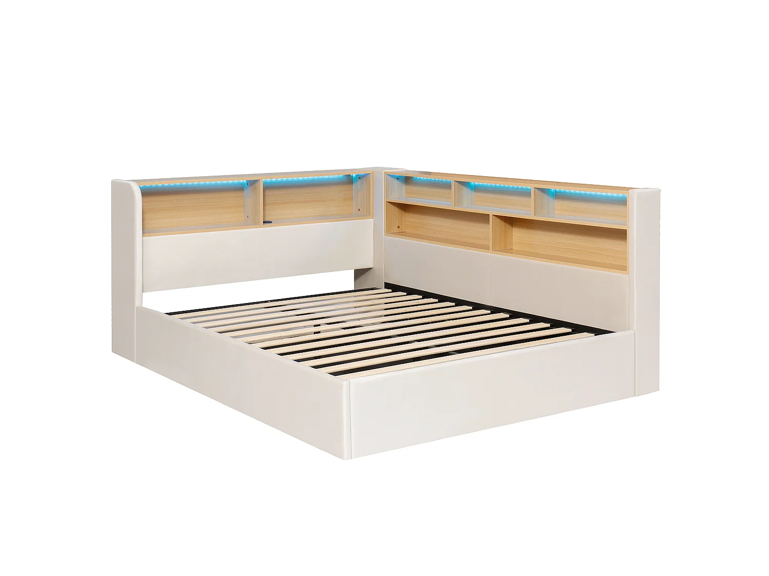 Divano letto contenitore imbottito 140x200 cm - Con LED e porta USB - Con scomparti portaoggetti - Tessuto velluto - Beige (senza materasso)