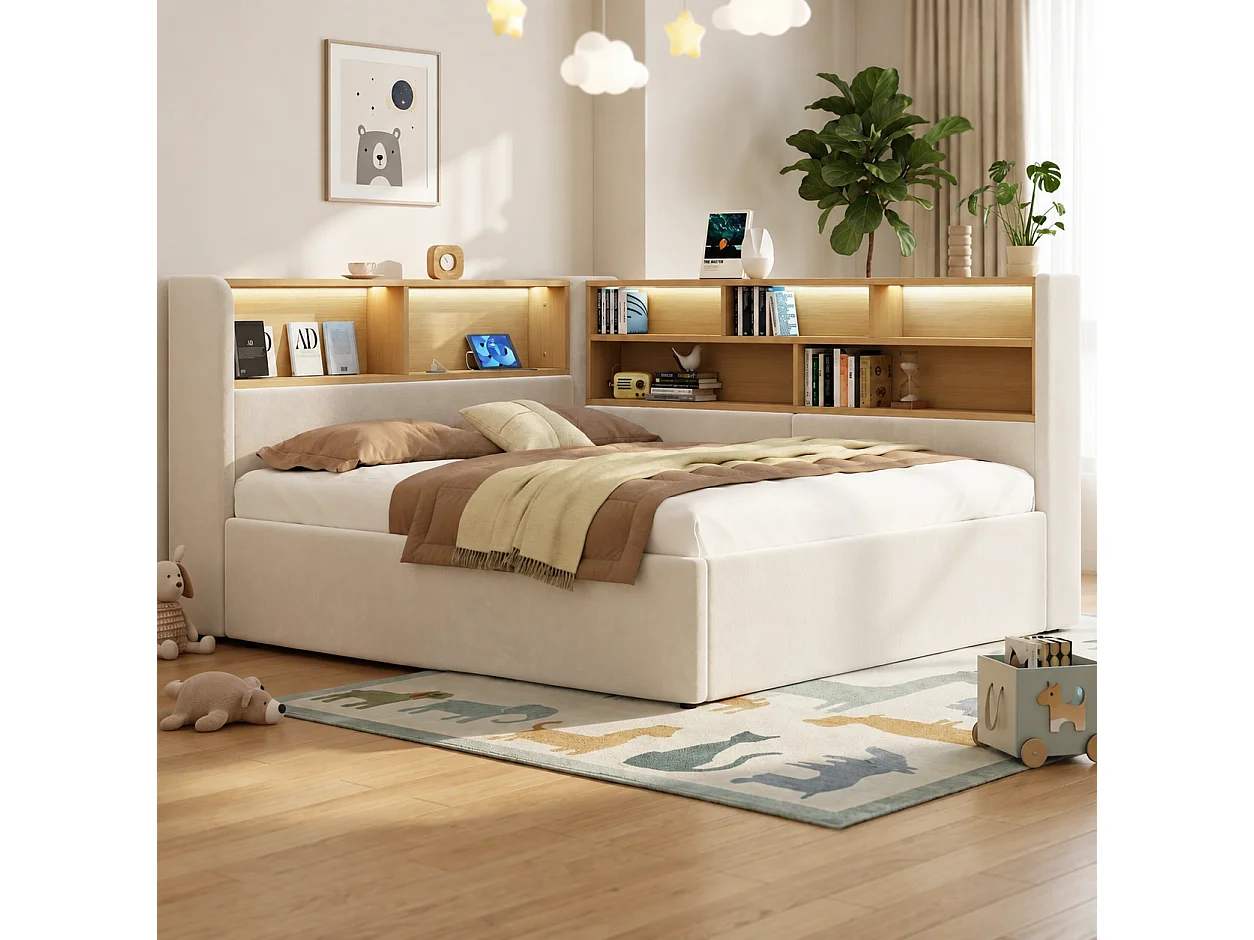 Divano letto contenitore imbottito 140x200 cm - Con LED e porta USB - Con scomparti portaoggetti - Tessuto velluto - Beige (senza materasso)