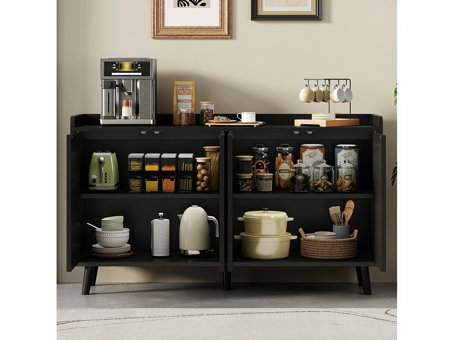 Moderne buffetkast 140x40x84cm - met 4 deuren en verstelbare planken - Zwart
