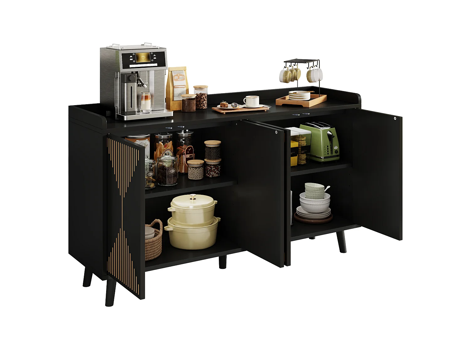 Moderne buffetkast 140x40x84cm - met 4 deuren en verstelbare planken - Zwart