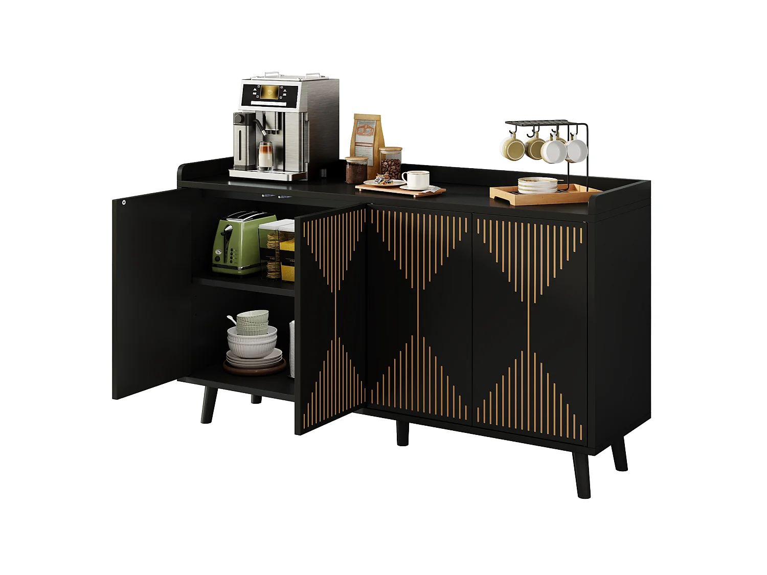 Moderne buffetkast 140x40x84cm - met 4 deuren en verstelbare planken - Zwart