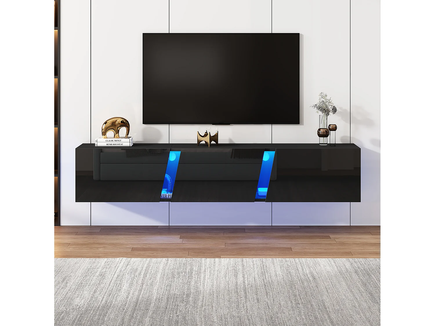 Meuble TV mural avec LED via application, 3 portes et 5 rangements - Panneaux de particules/acrylique - 180 x 35 x 30 cm - Noir