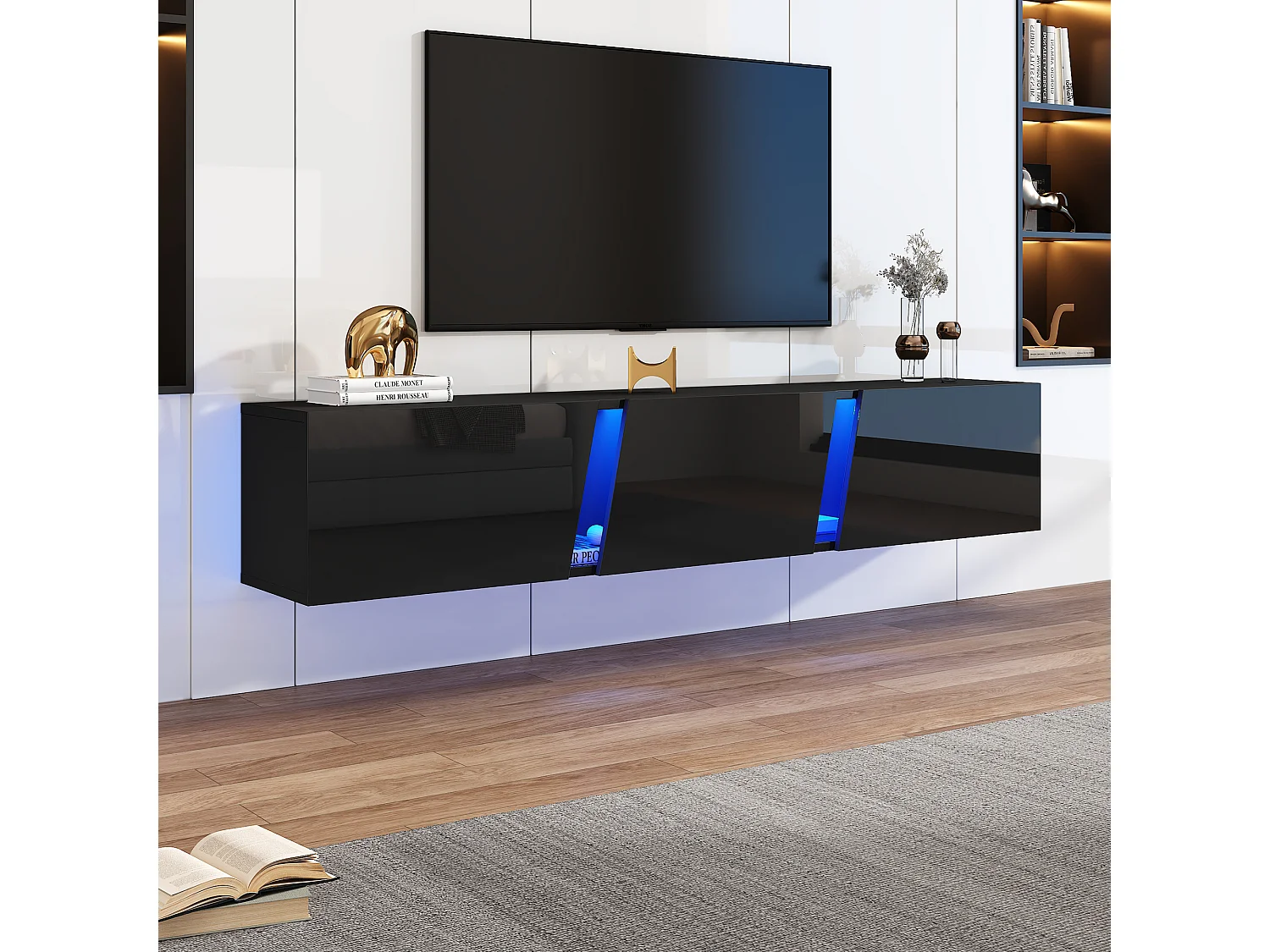 Meuble TV mural avec LED via application, 3 portes et 5 rangements - Panneaux de particules/acrylique - 180 x 35 x 30 cm - Noir