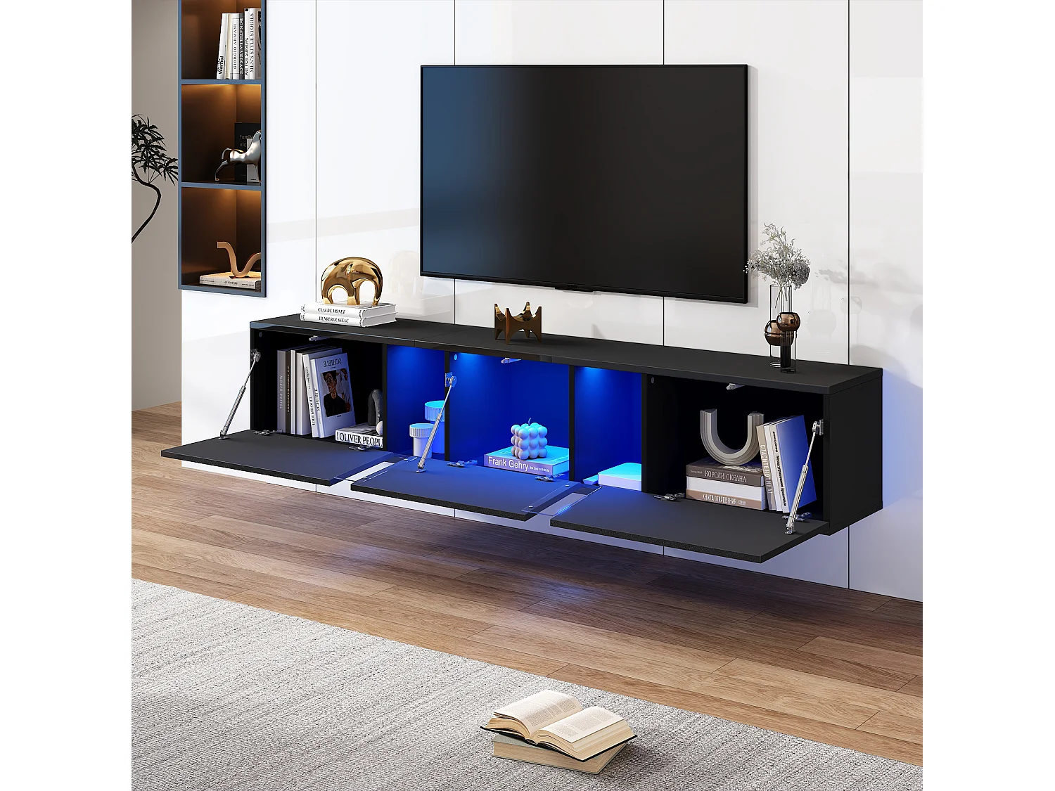 Meuble TV mural avec LED via application, 3 portes et 5 rangements - Panneaux de particules/acrylique - 180 x 35 x 30 cm - Noir