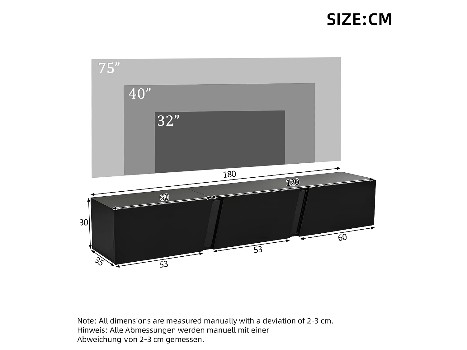 Meuble TV mural avec LED via application, 3 portes et 5 rangements - Panneaux de particules/acrylique - 180 x 35 x 30 cm - Noir