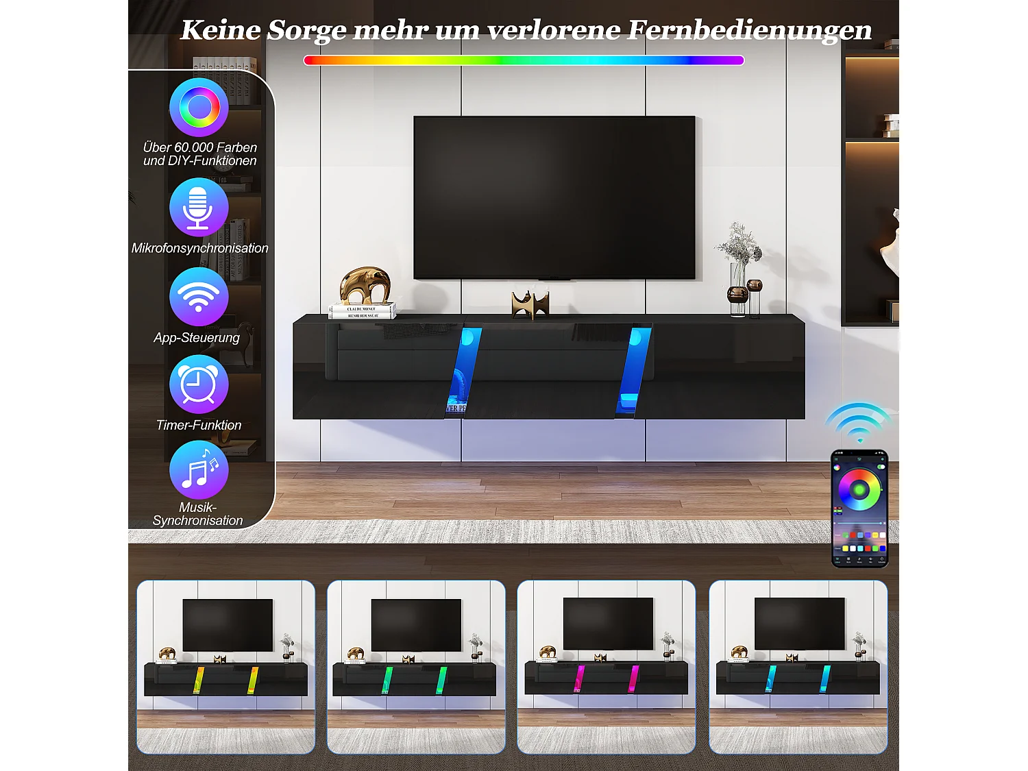 Meuble TV mural avec LED via application, 3 portes et 5 rangements - Panneaux de particules/acrylique - 180 x 35 x 30 cm - Noir