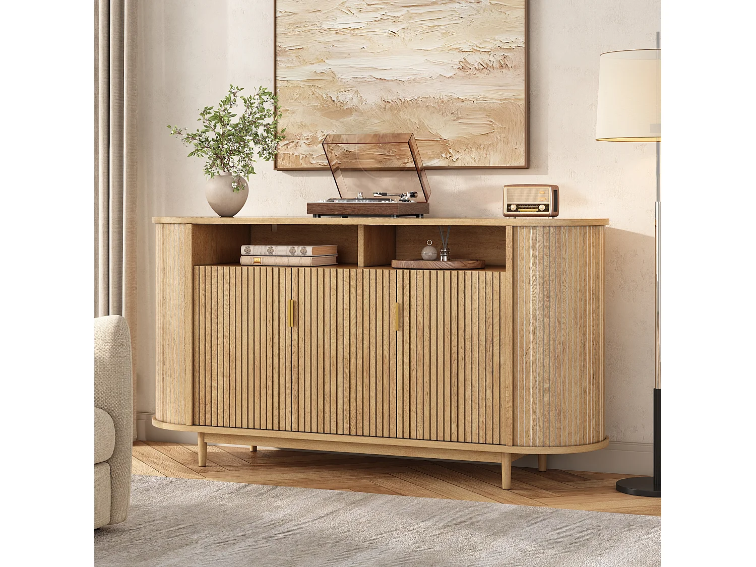 Buffet moderne 140 x 40 x 78 cm - Avec 3 portes - Finition imitation bois - Pieds en pin - MDF - Naturel
