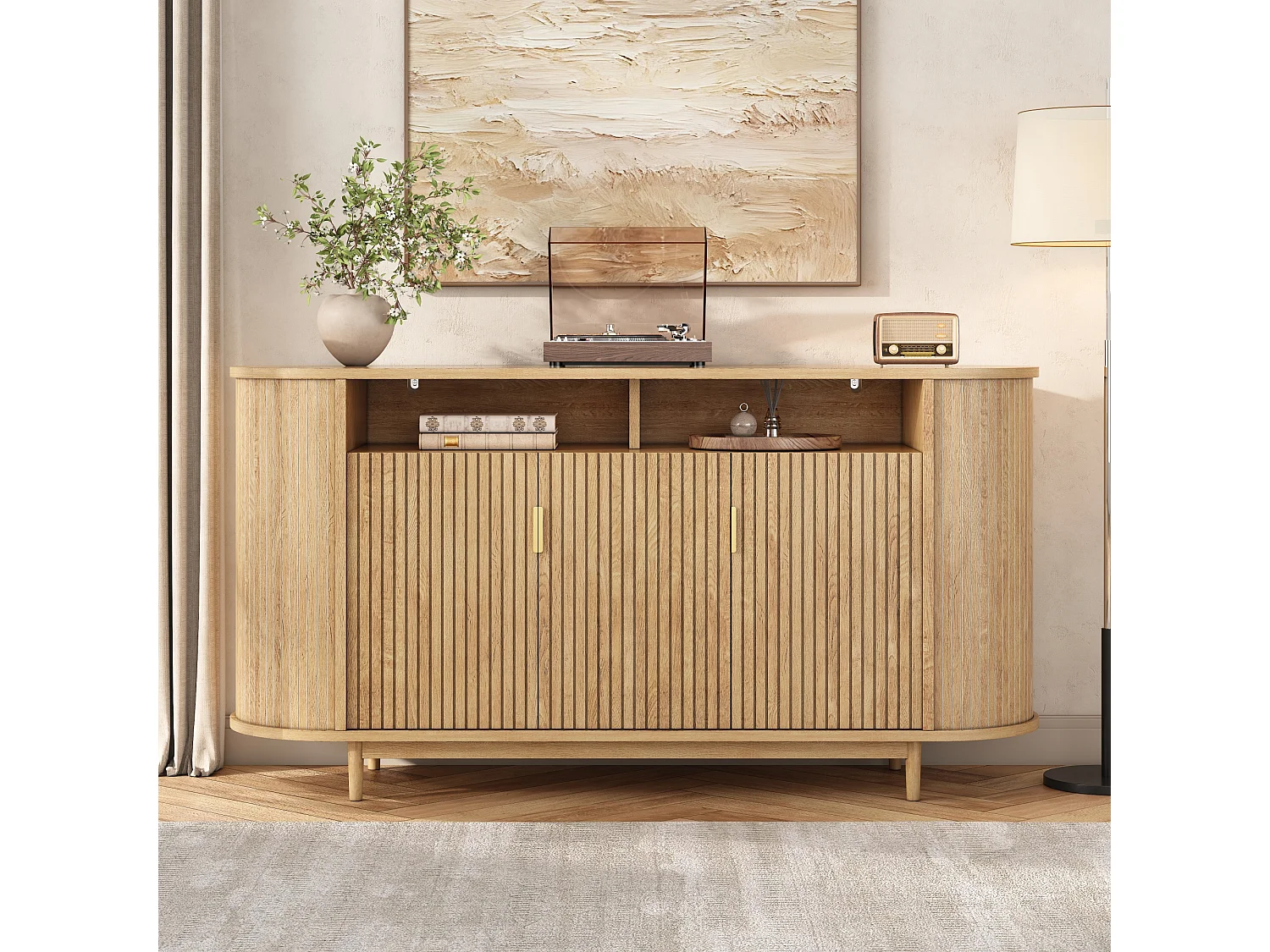 Buffet moderne 140 x 40 x 78 cm - Avec 3 portes - Finition imitation bois - Pieds en pin - MDF - Naturel