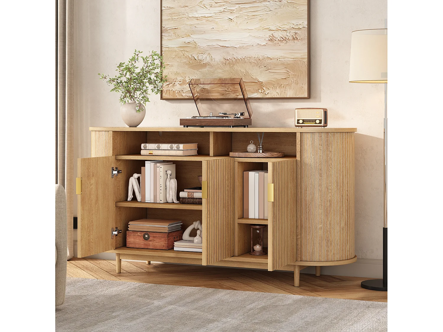 Buffet moderne 140 x 40 x 78 cm - Avec 3 portes - Finition imitation bois - Pieds en pin - MDF - Naturel