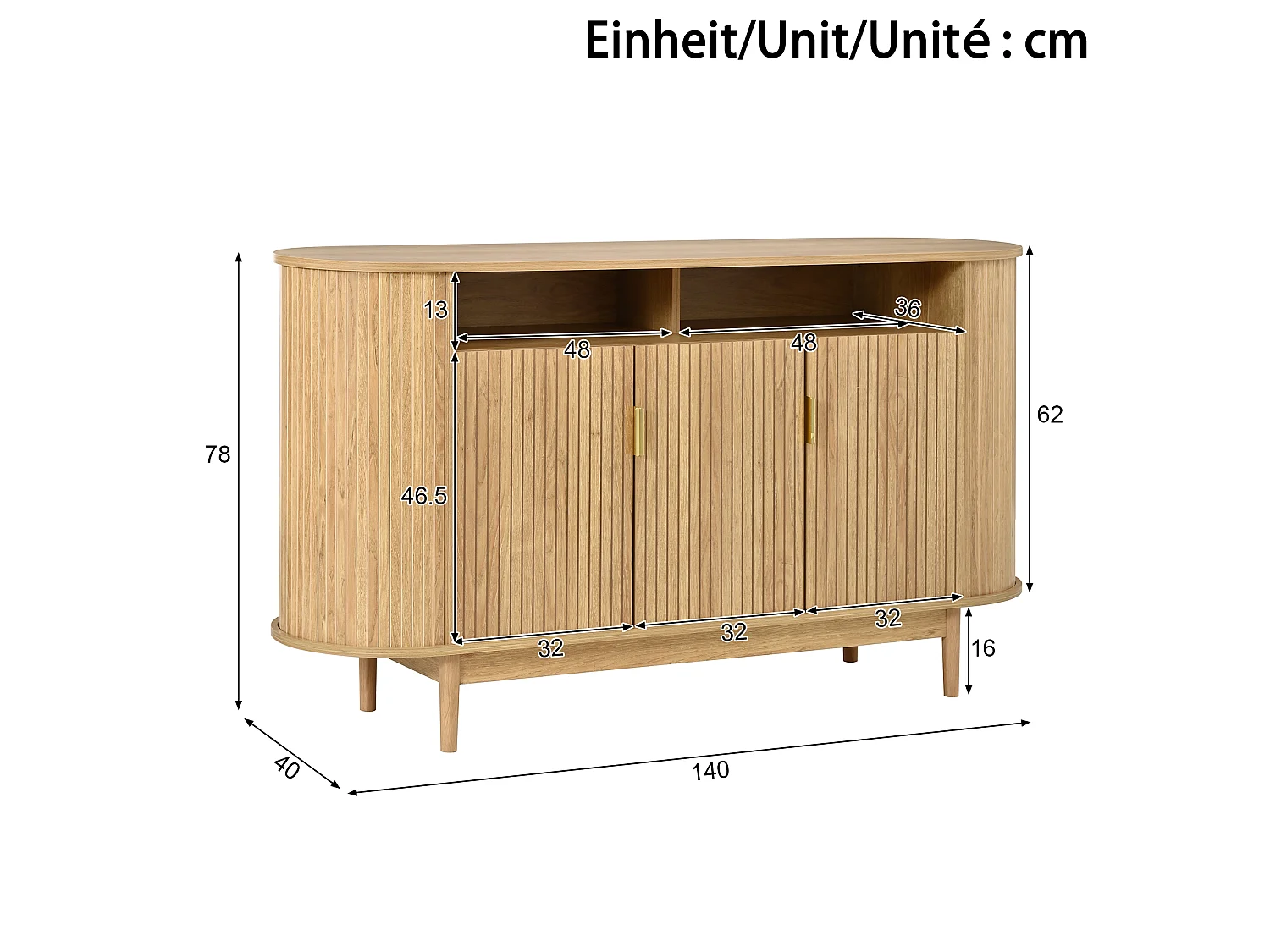 Buffet moderne 140 x 40 x 78 cm - Avec 3 portes - Finition imitation bois - Pieds en pin - MDF - Naturel