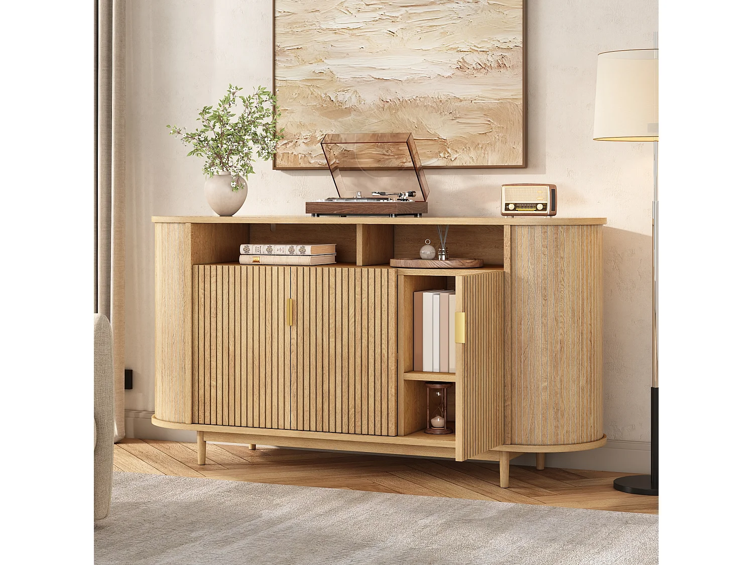 Buffet moderne 140 x 40 x 78 cm - Avec 3 portes - Finition imitation bois - Pieds en pin - MDF - Naturel
