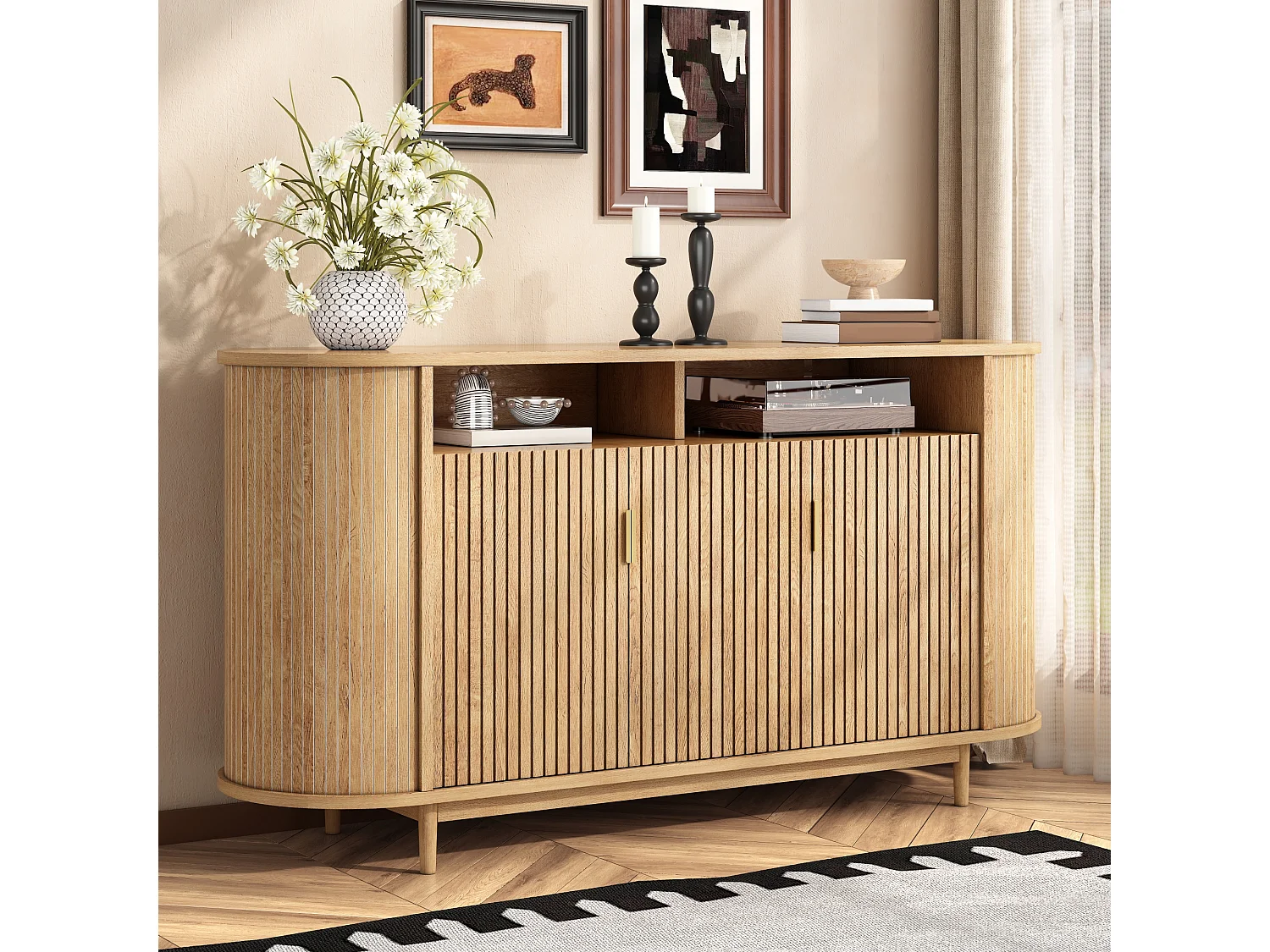 Buffet moderne 140 x 40 x 78 cm - Avec 3 portes - Finition imitation bois - Pieds en pin - MDF - Naturel